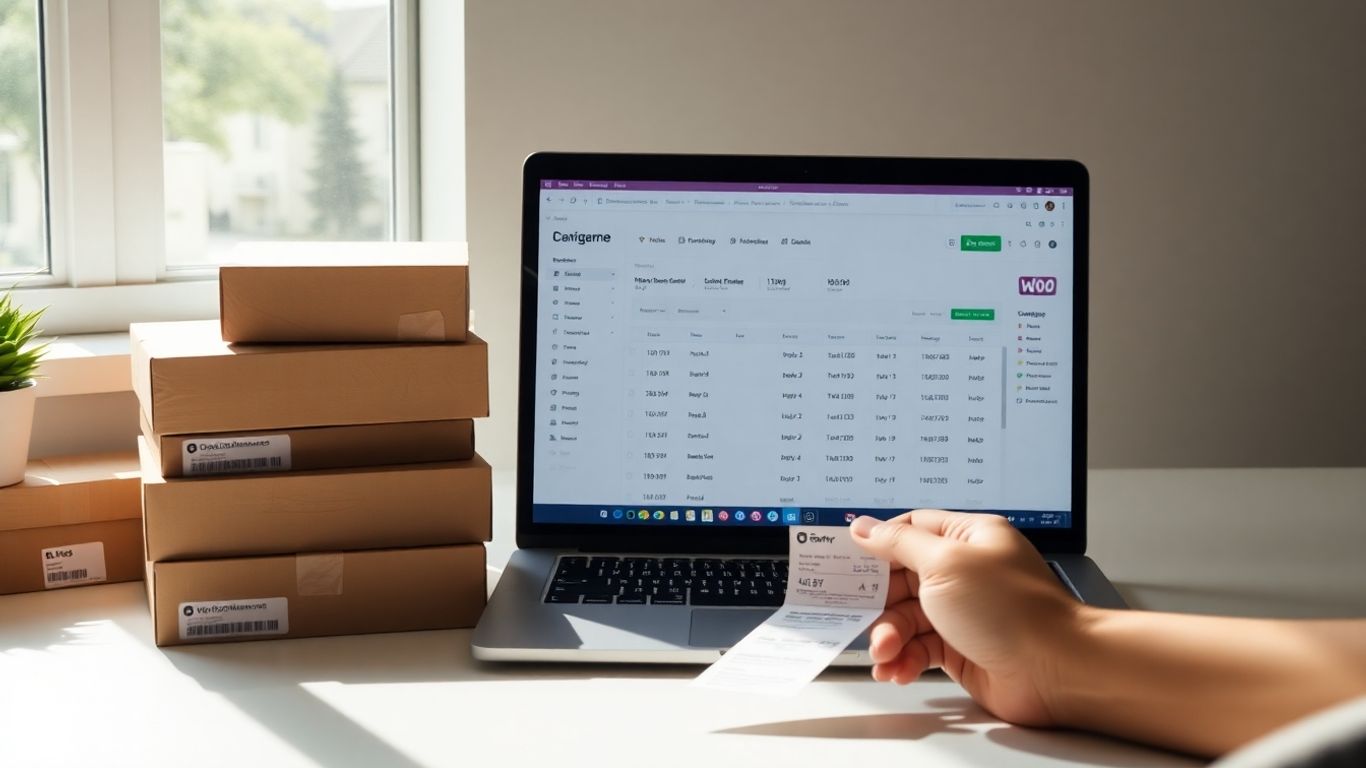 WooCommerce order management dashboard with shipping boxes.