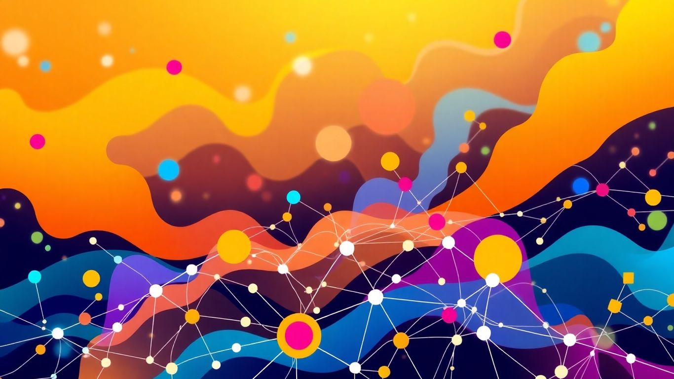 Abstract digital network of interconnected nodes and shapes.