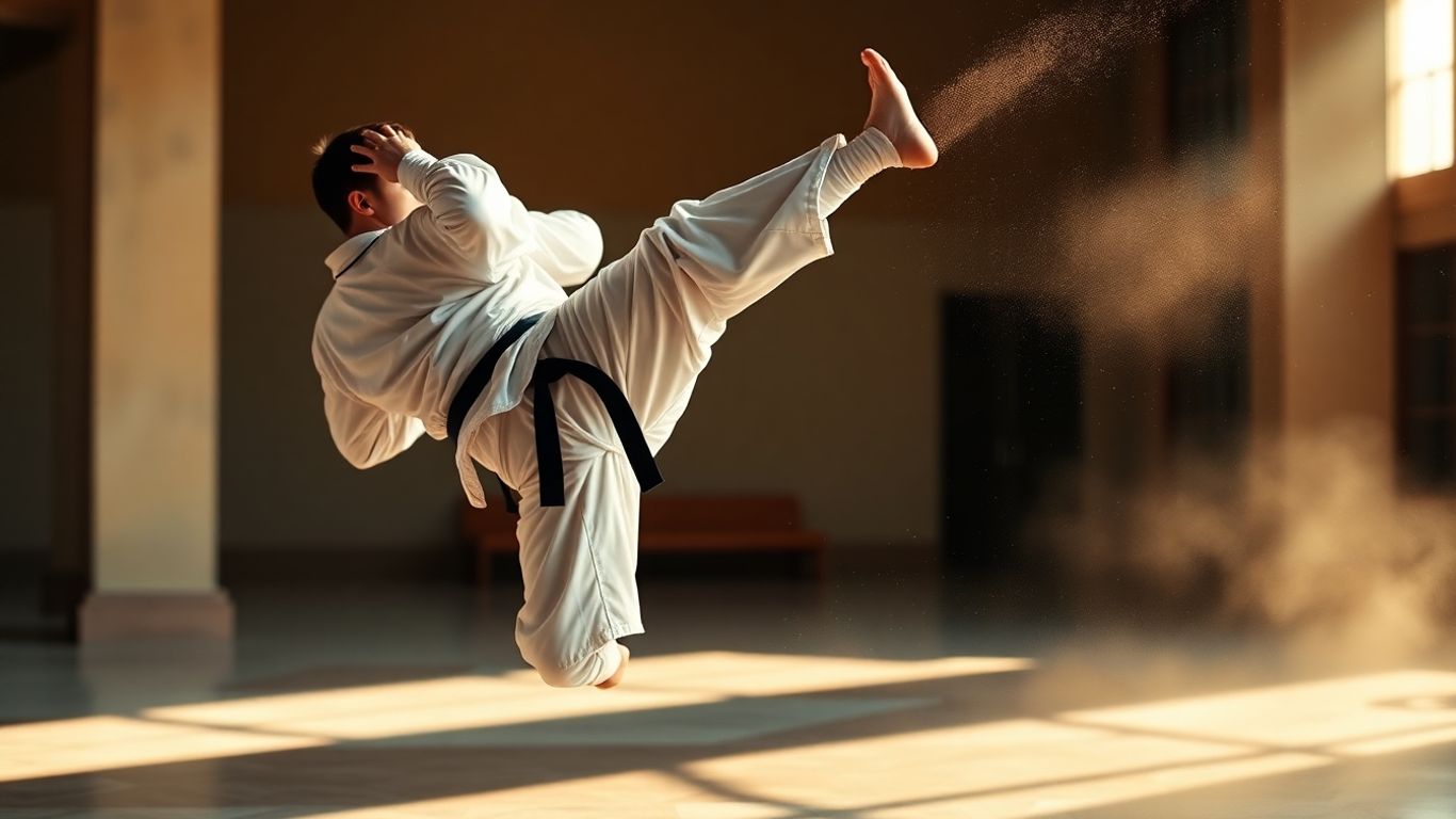 Taekwondo practitioner performing a high kick in a dojo.