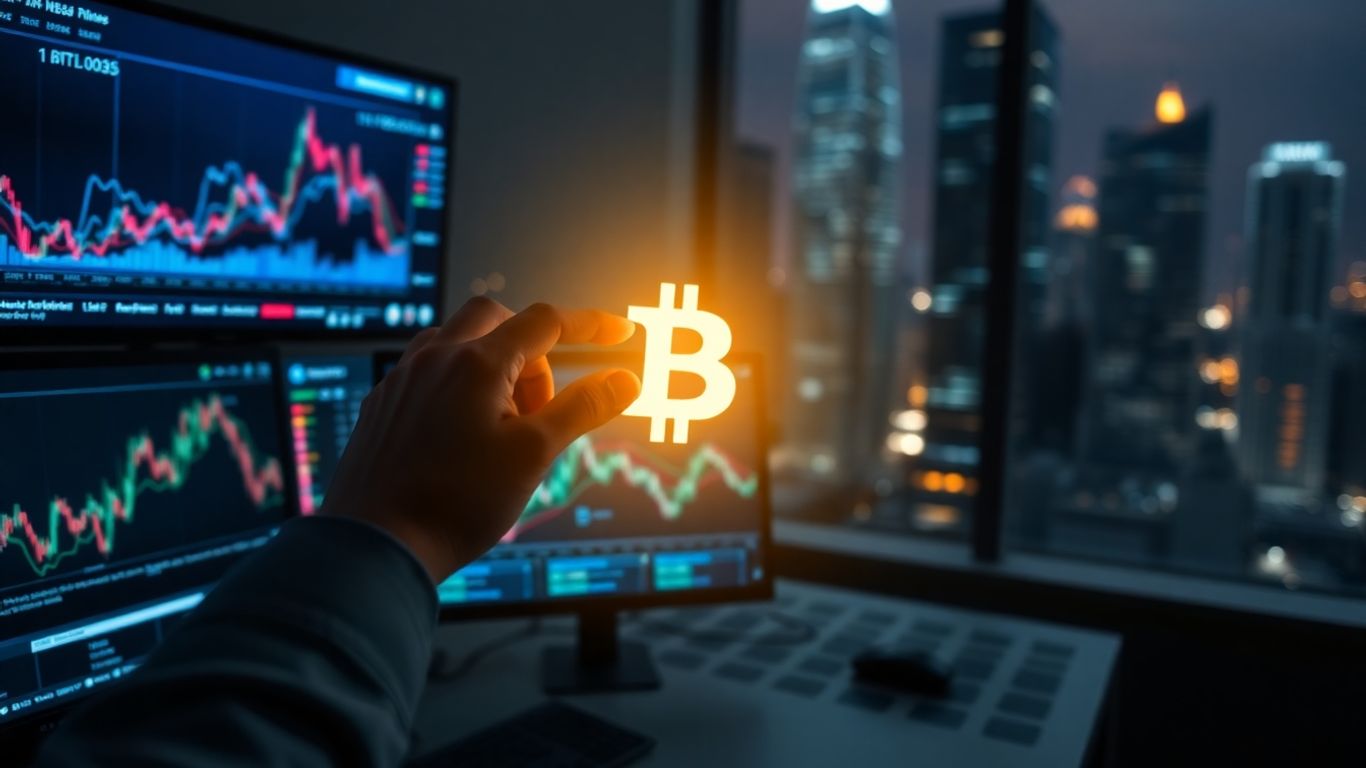 Crypto trading desk with digital patterns and cityscape.
