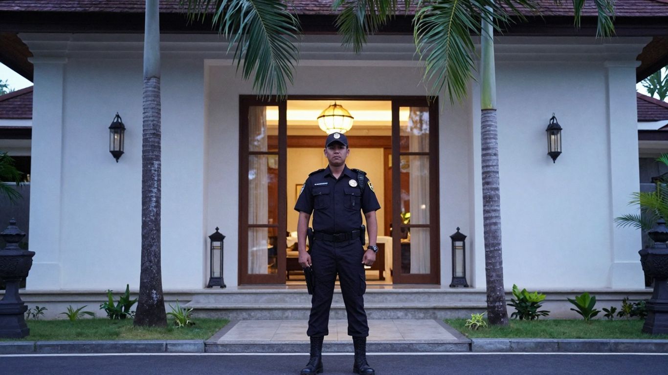 Security guard protecting a luxury villa in Bali.