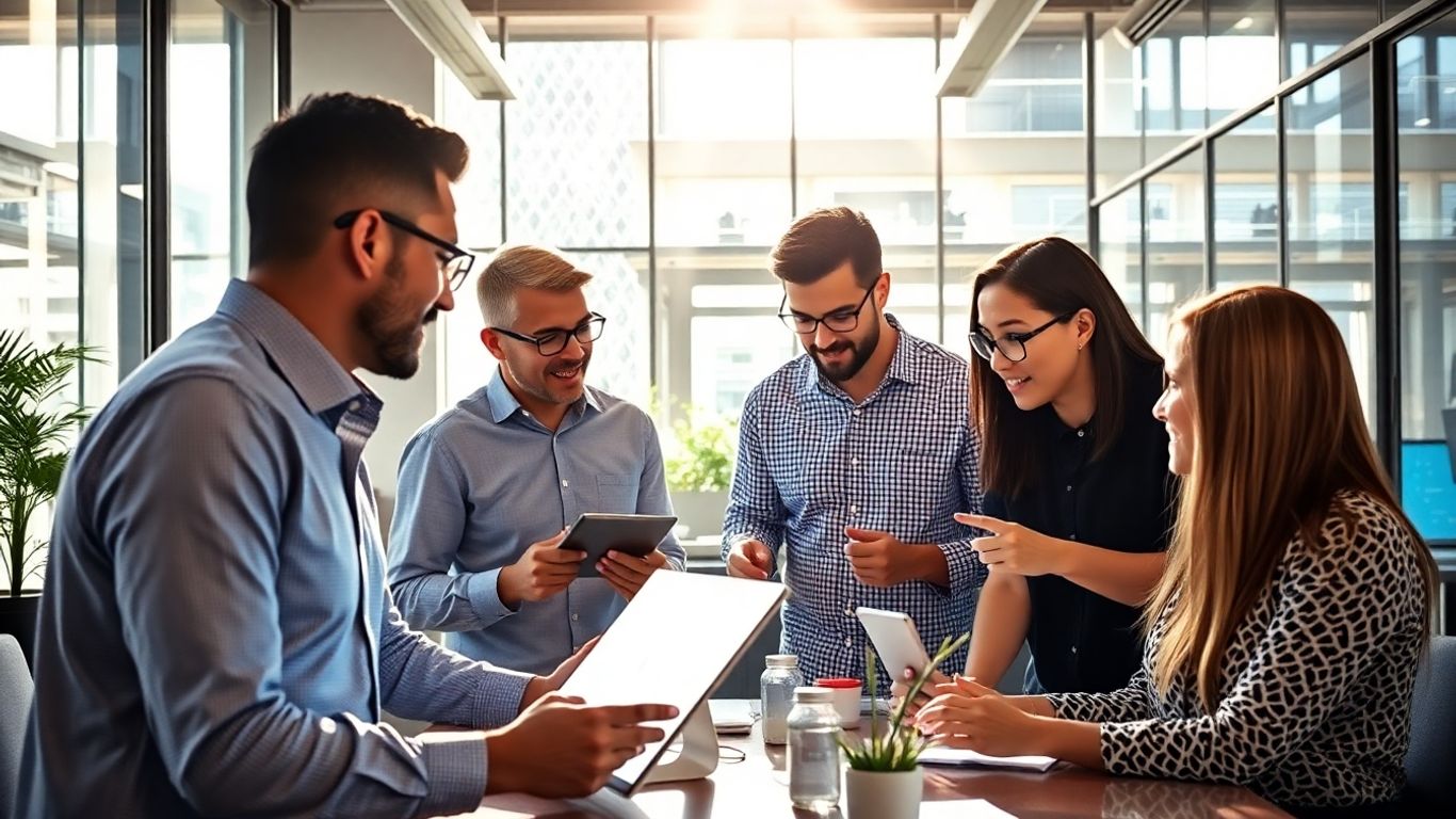 Business professionals collaborating in a bright, modern office.