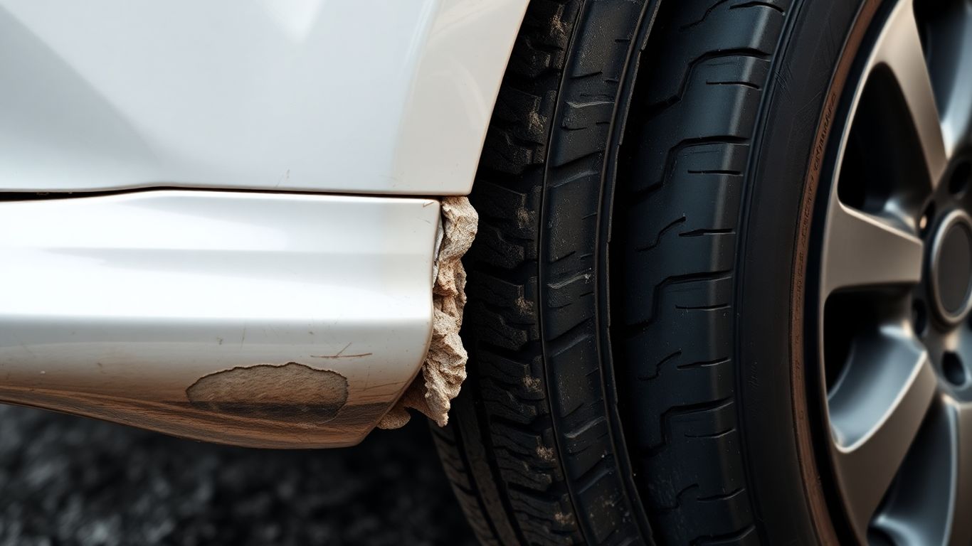 Beschädigtes Elektroauto mit Fokus auf Stoßstange und Reifen.