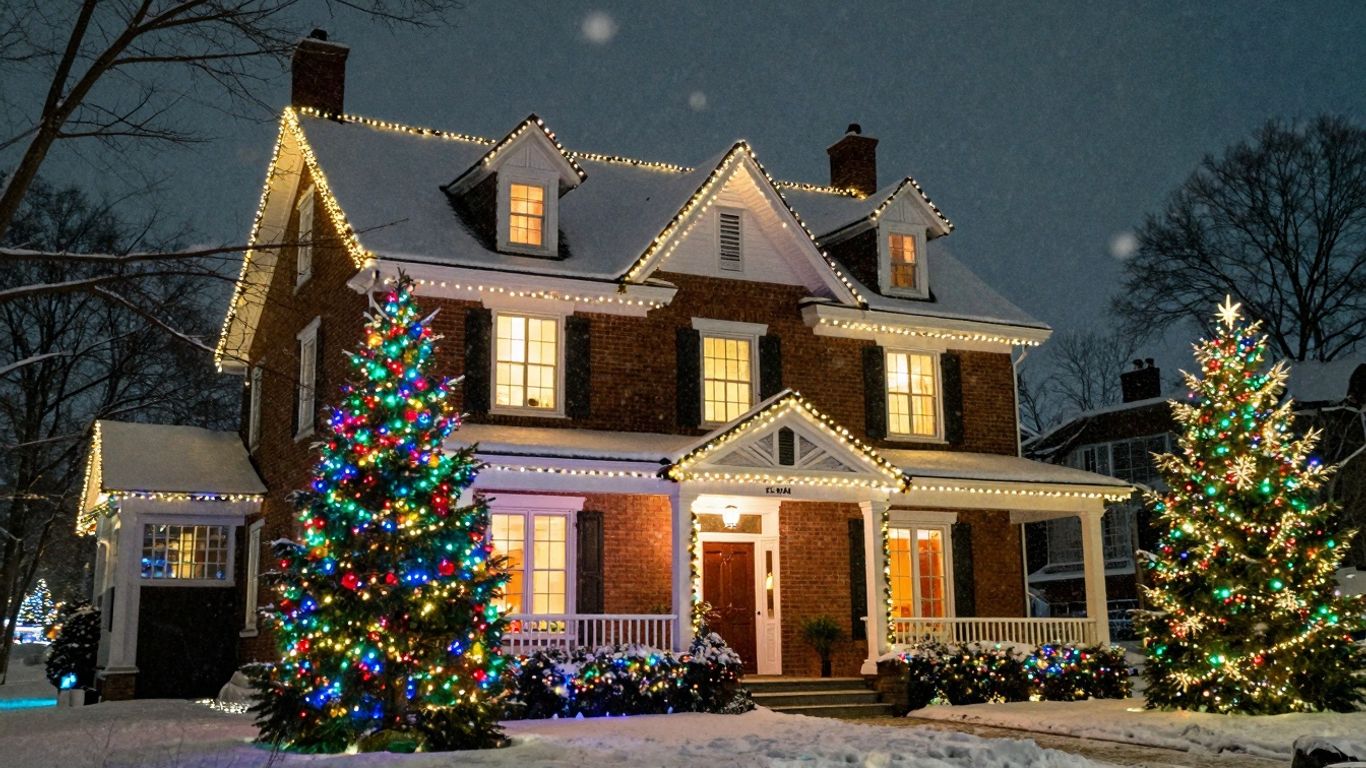 Oakville home decorated with vibrant Christmas lights.