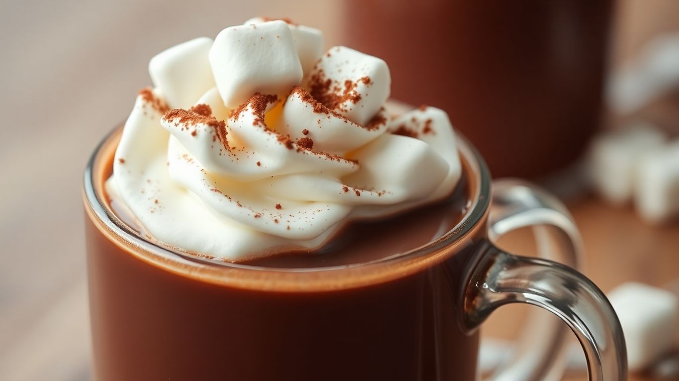 Steaming mug of hot cocoa with whipped cream and marshmallows.