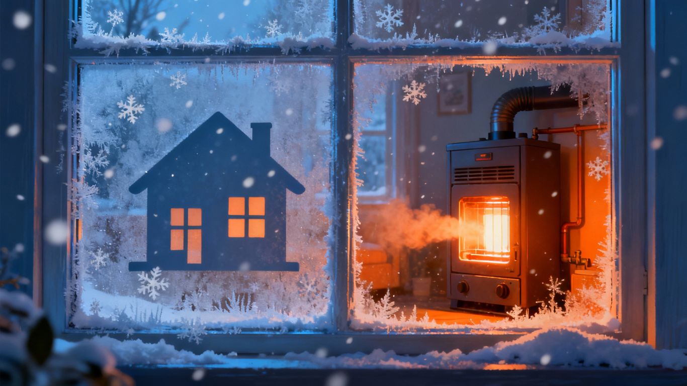 House with glowing furnace and falling snow outside.