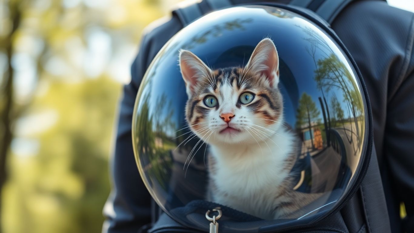 Cat in a bubble backpack outdoors