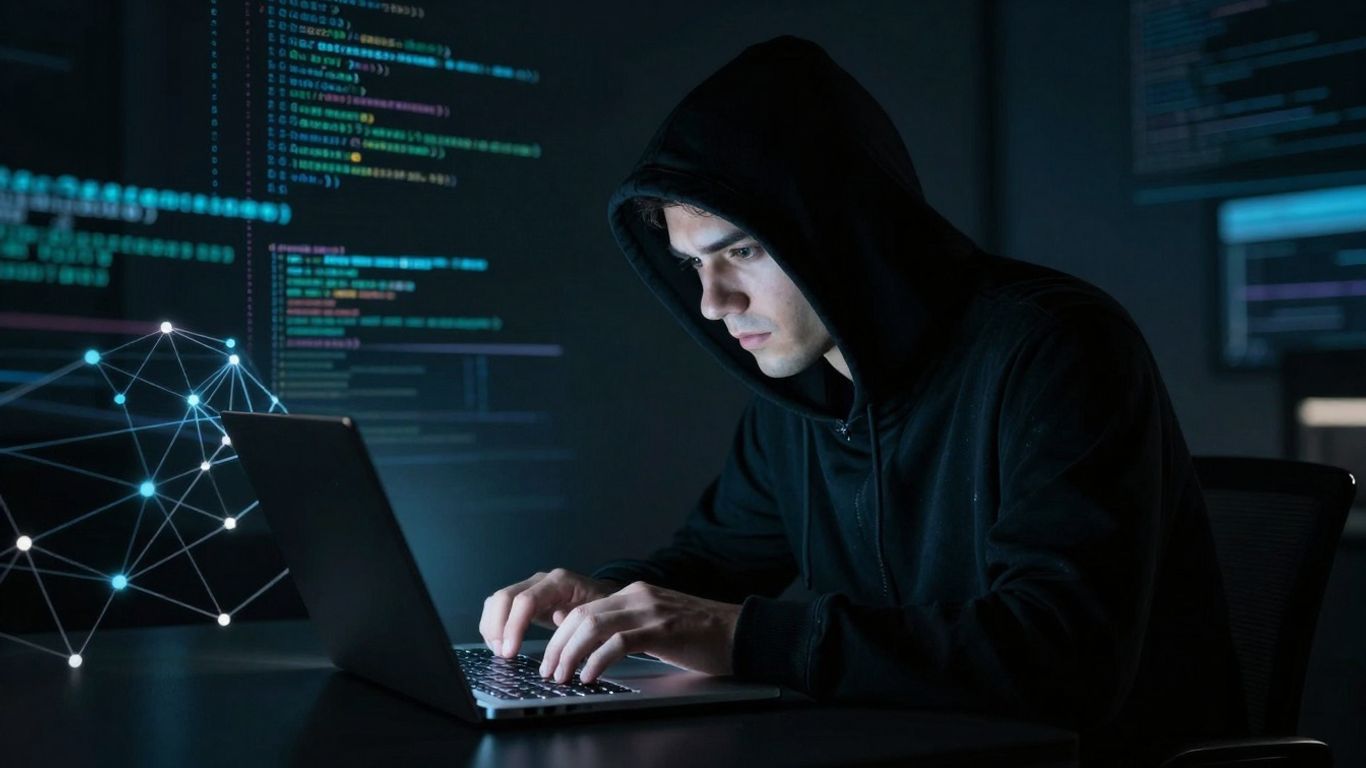 Cybercrime, digital threats, shadowy hacker at computer.