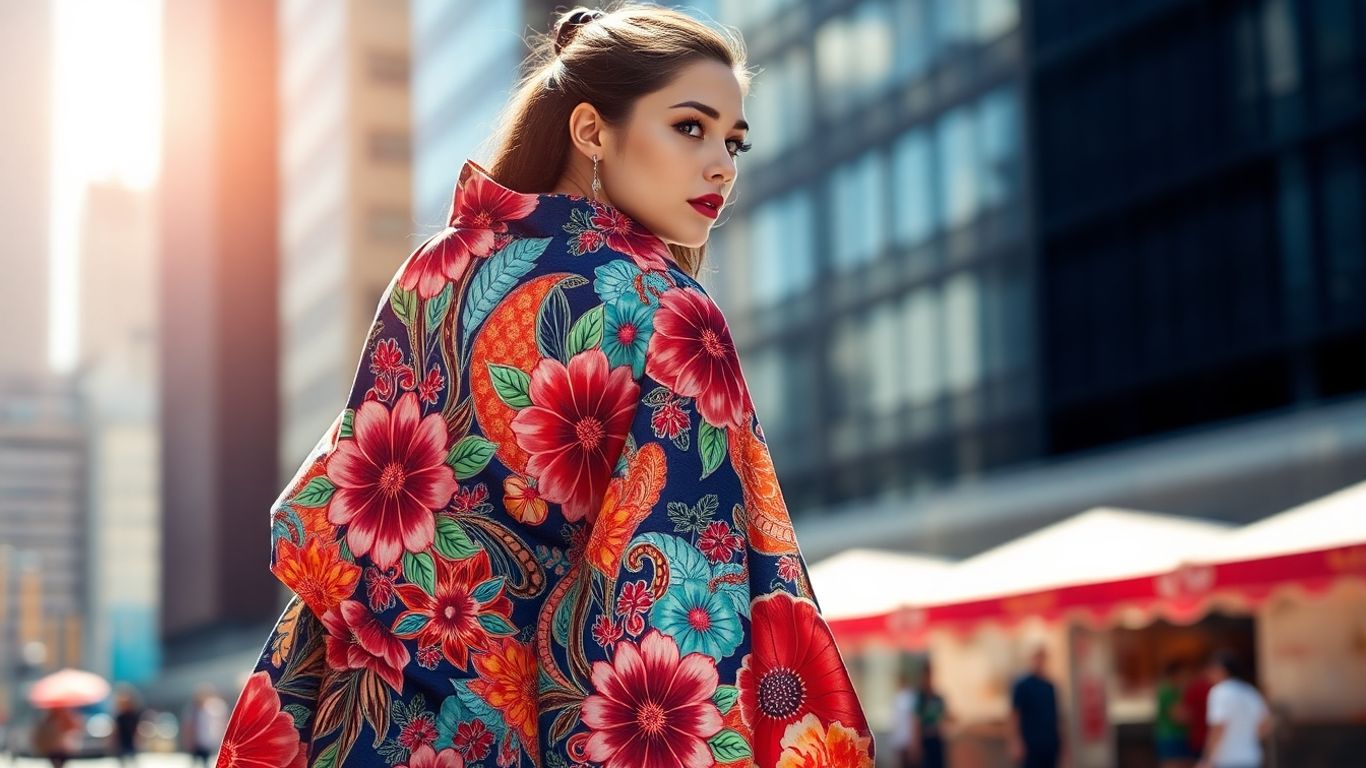 Woman in modern floral kimono