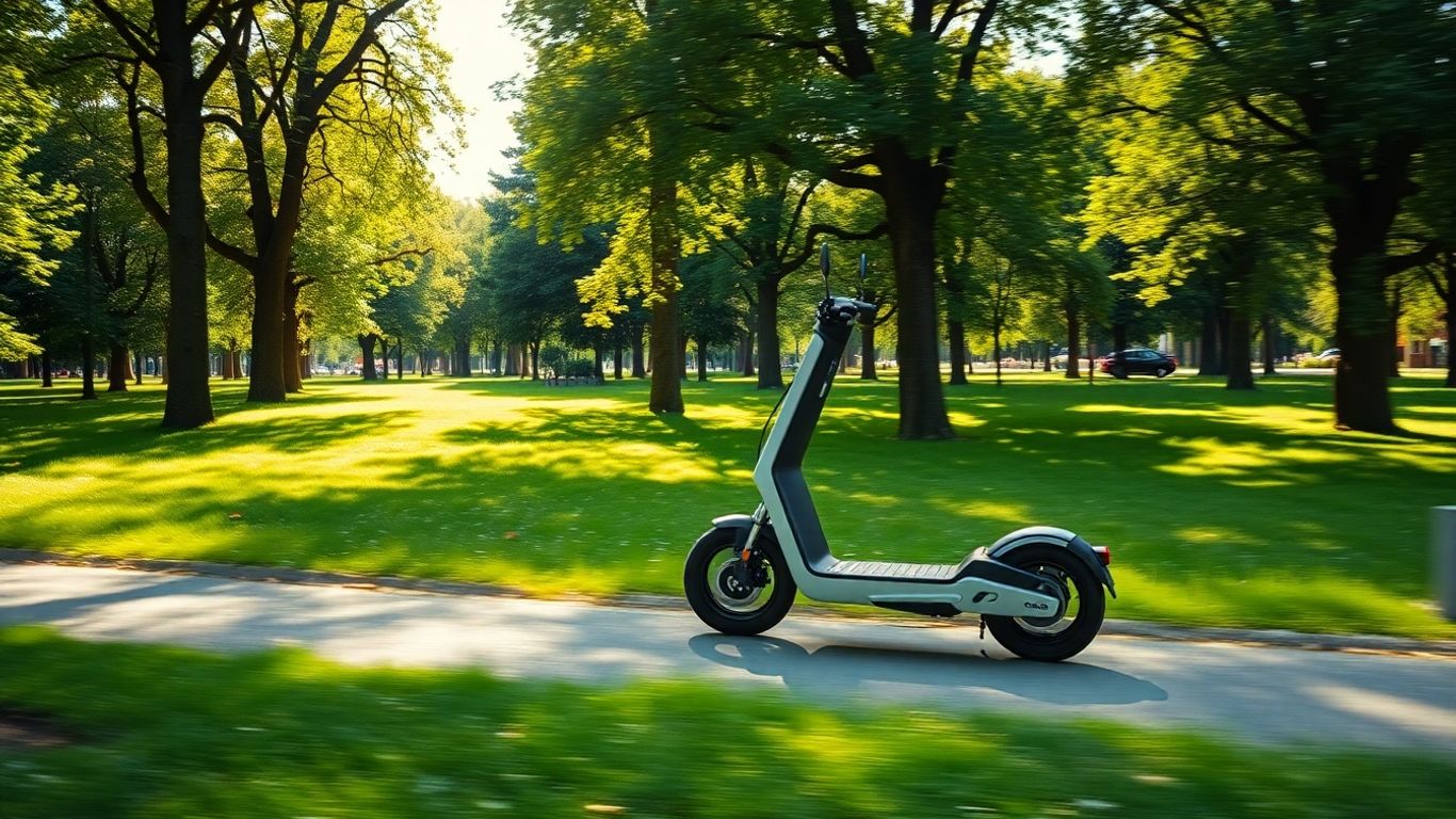 Elektroroller fährt durch einen grünen Park.