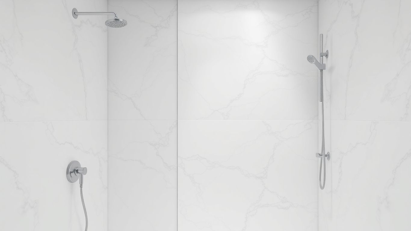 Luxurious marble shower with white marble tiles.