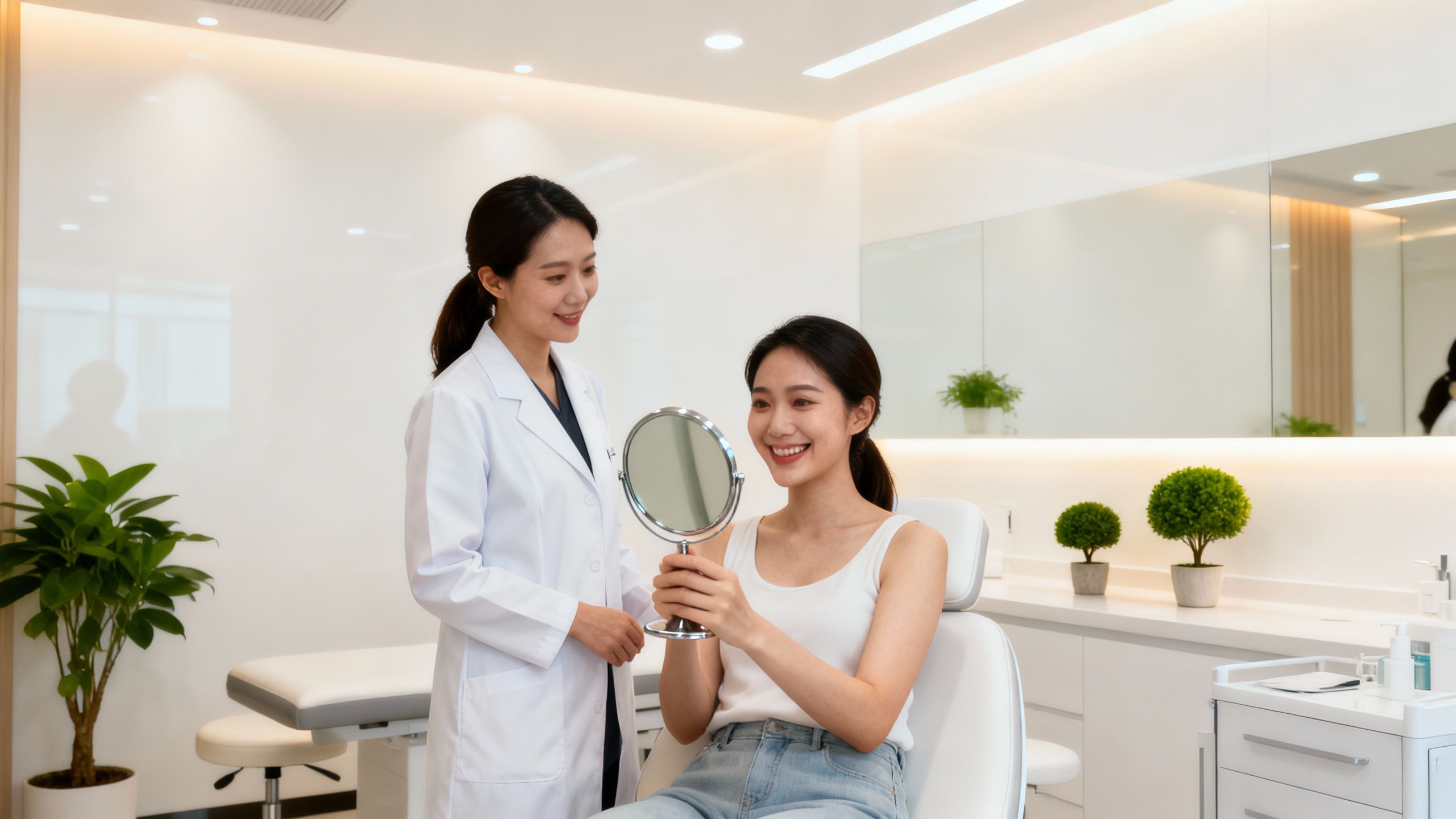 Client smiling with practitioner in modern aesthetic clinic