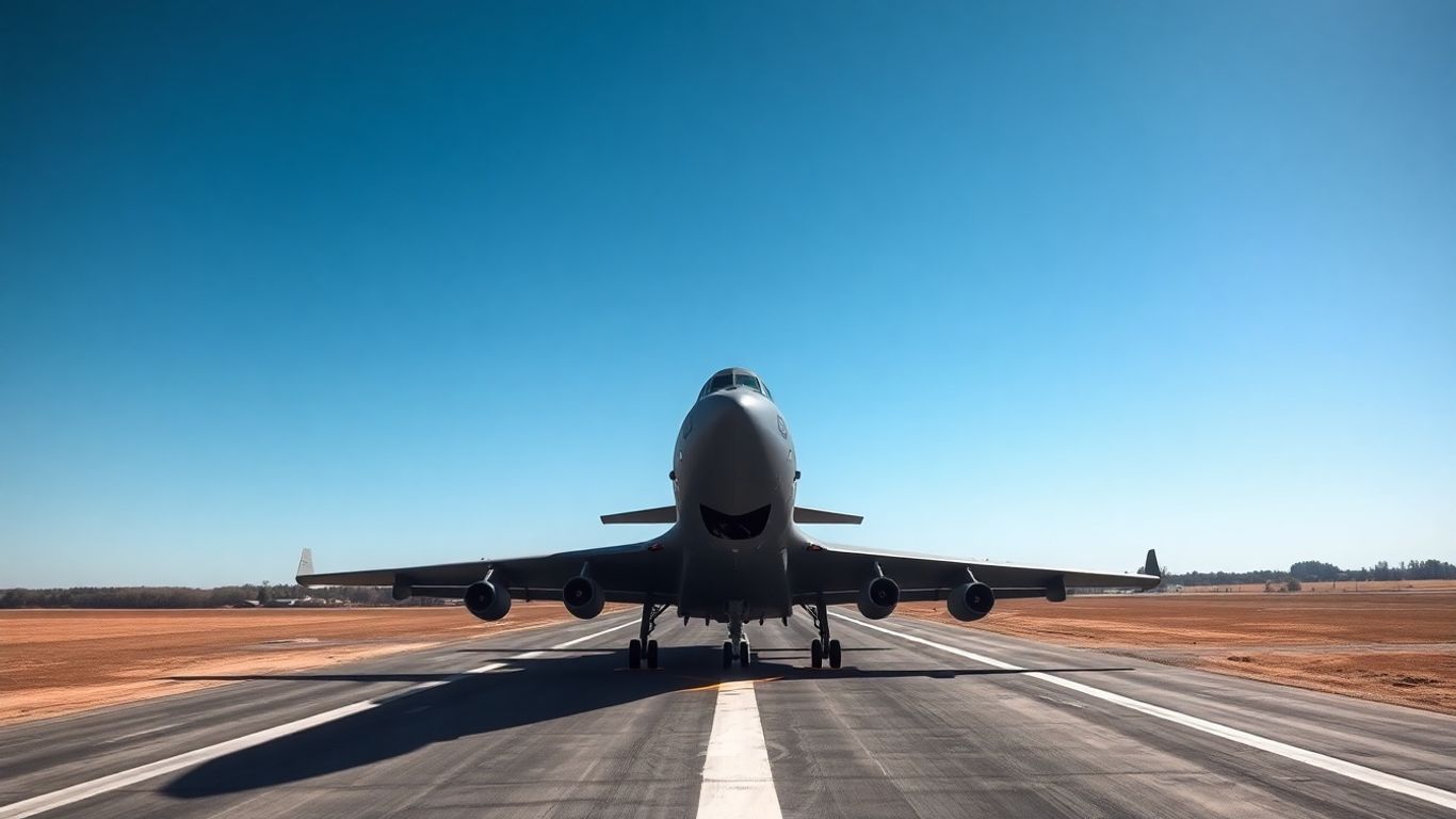 Avion militaire en vol au-dessus d'une piste
