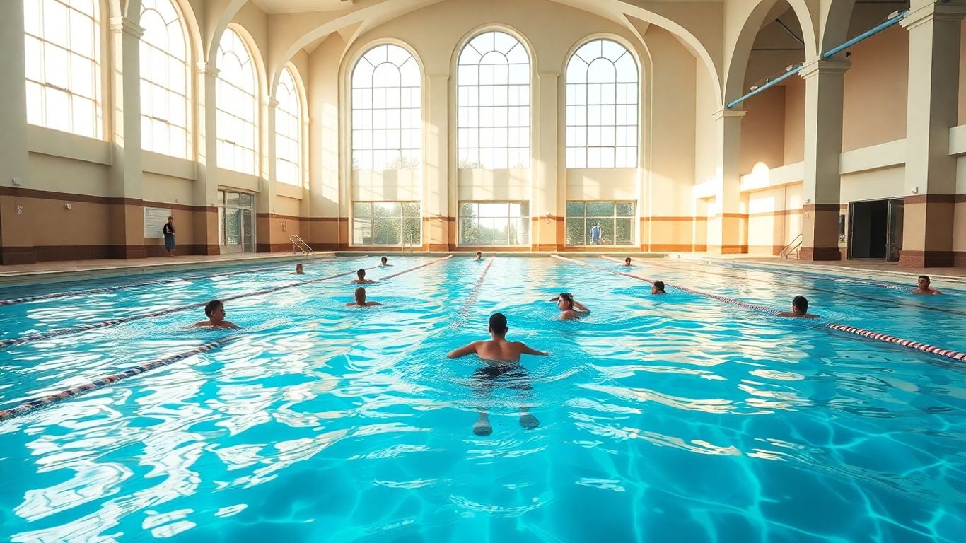 Indoor swimming pool at Melbourne City Baths with swimmers.