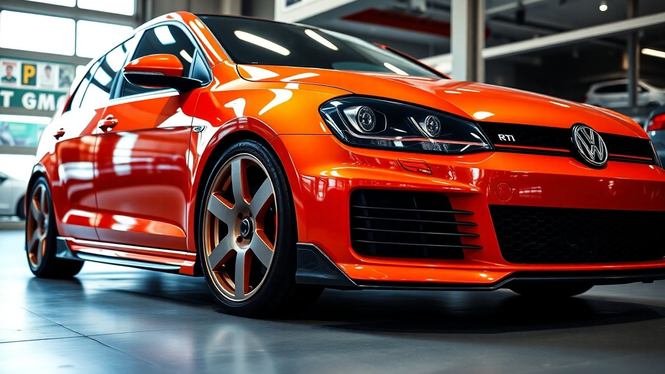 Modified Volkswagen Golf with custom wheels and body kit.