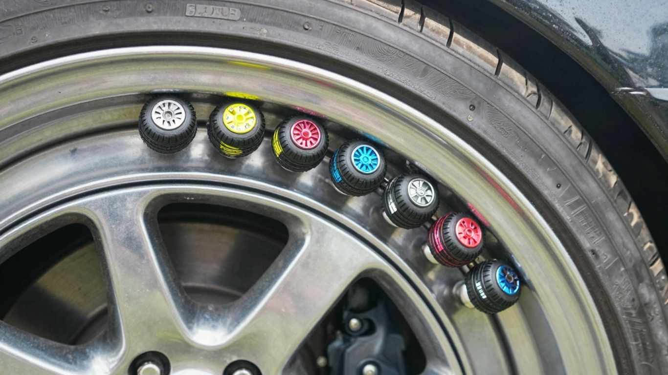 Colorful novelty valve stem caps on a car wheel.