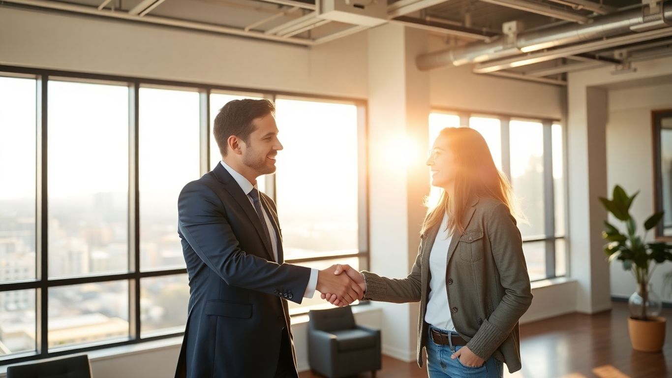Real estate agent and client shaking hands in office.