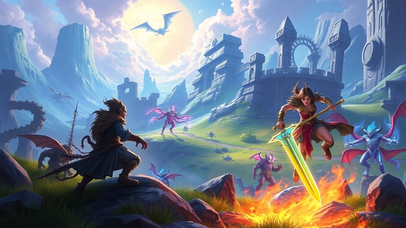 Warrior fighting mythical creatures in a fantasy world.