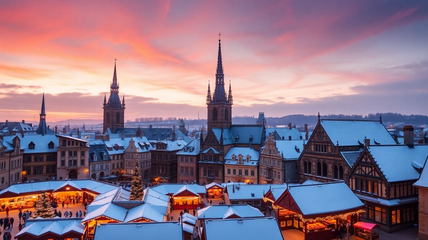 Snowy Prague Old Town and Christmas markets in winter.