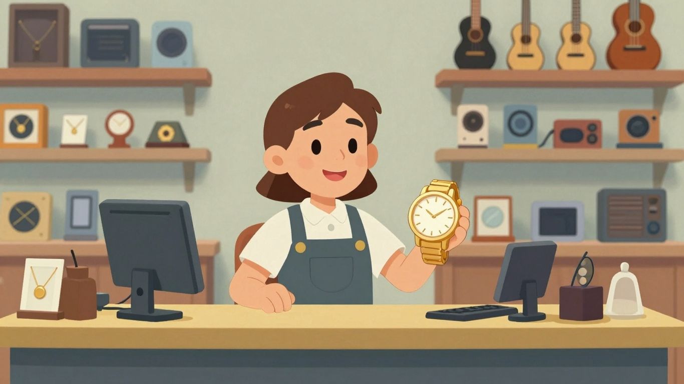 Pawn shop counter with items for sale.