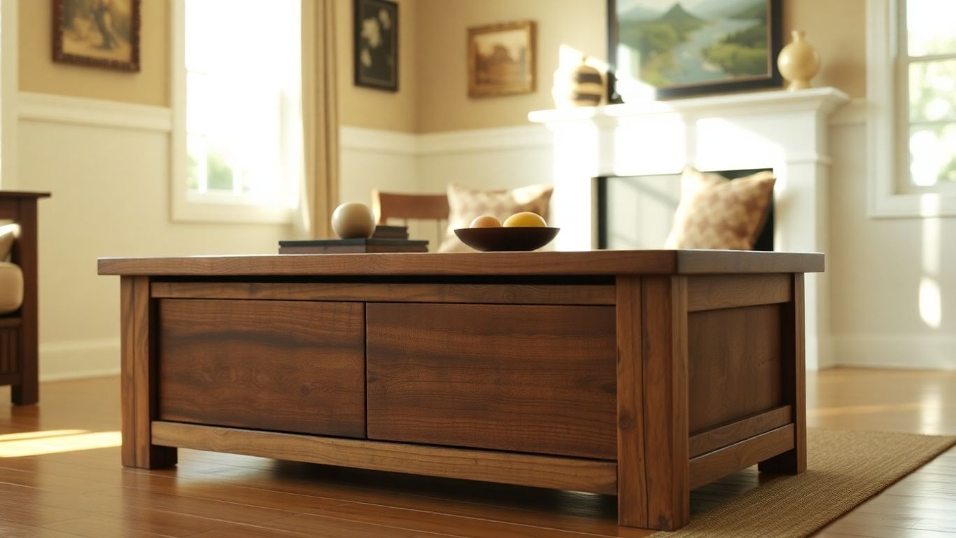 Rustic wood coffee table with storage in a living room.