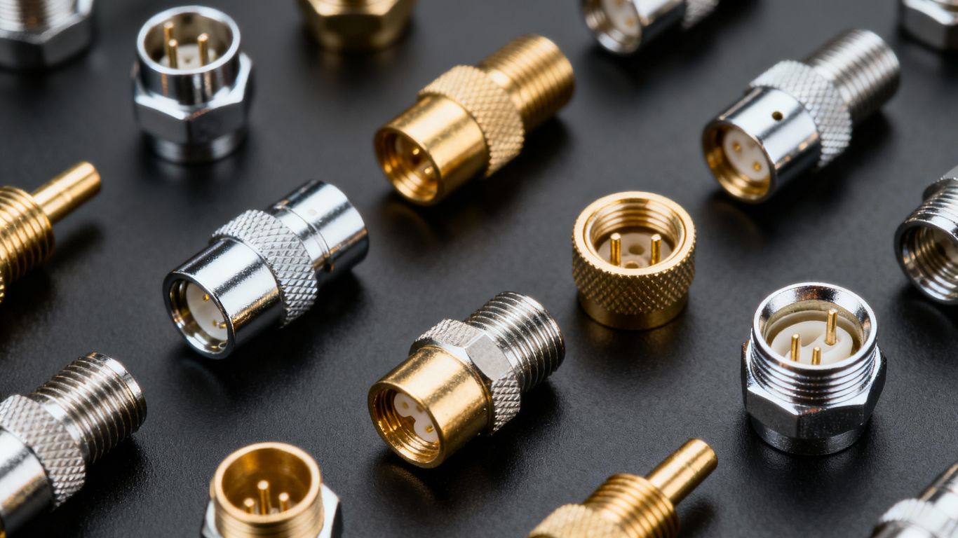 Various coaxial cable connectors laid out.