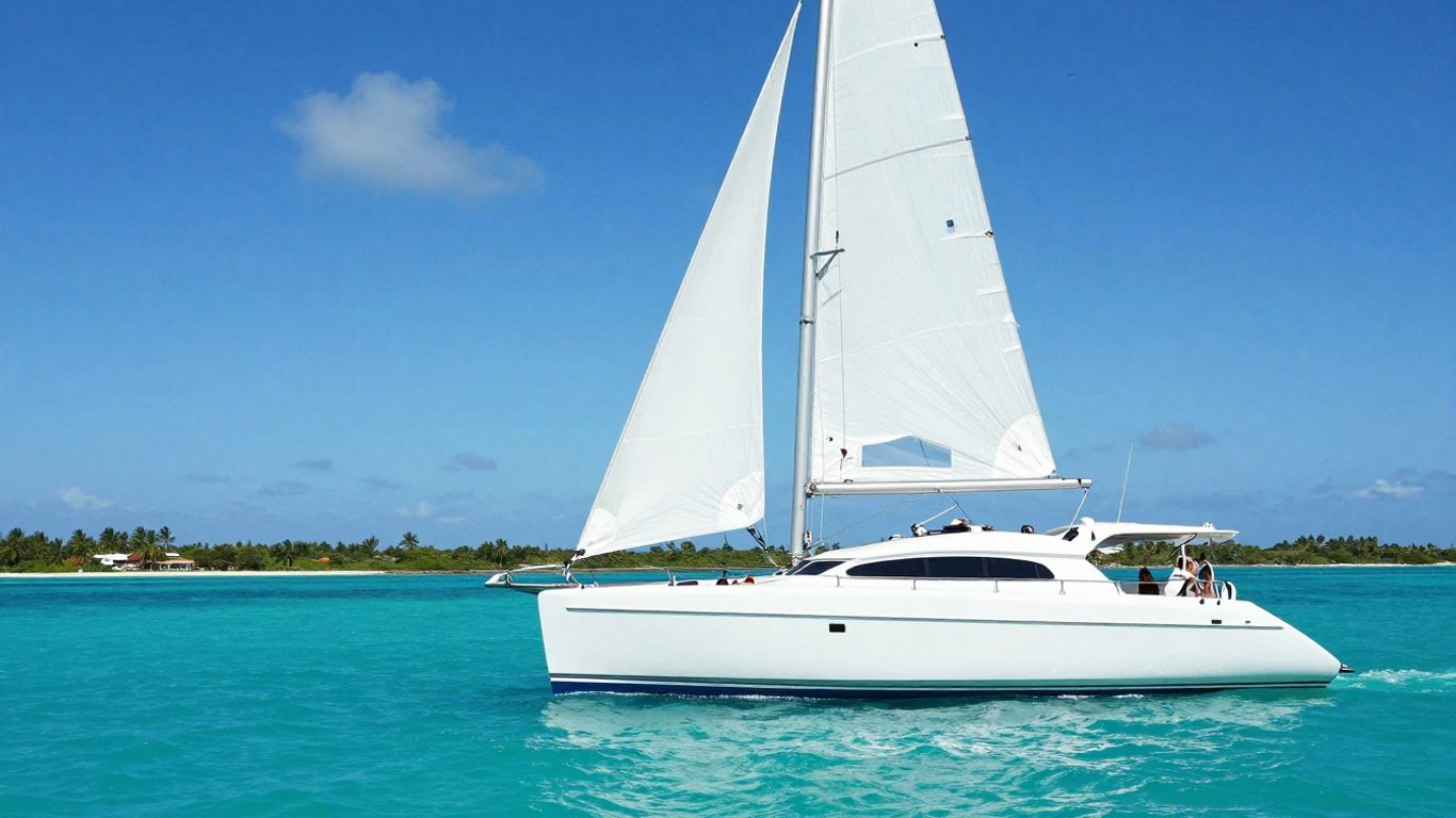 Catamaran sailing on turquoise Caribbean waters with islands.