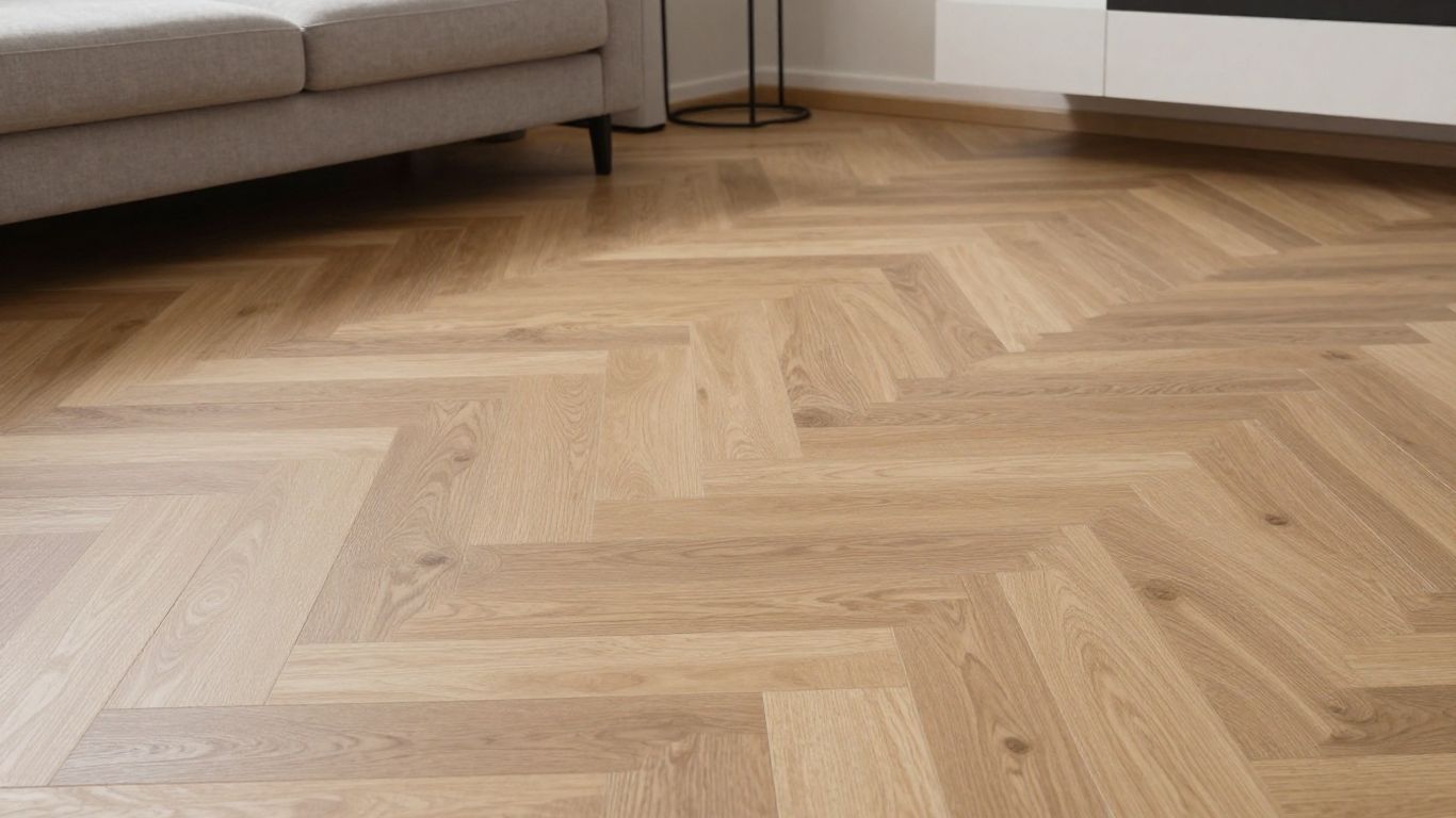 Herringbone vinyl flooring in a modern living room.