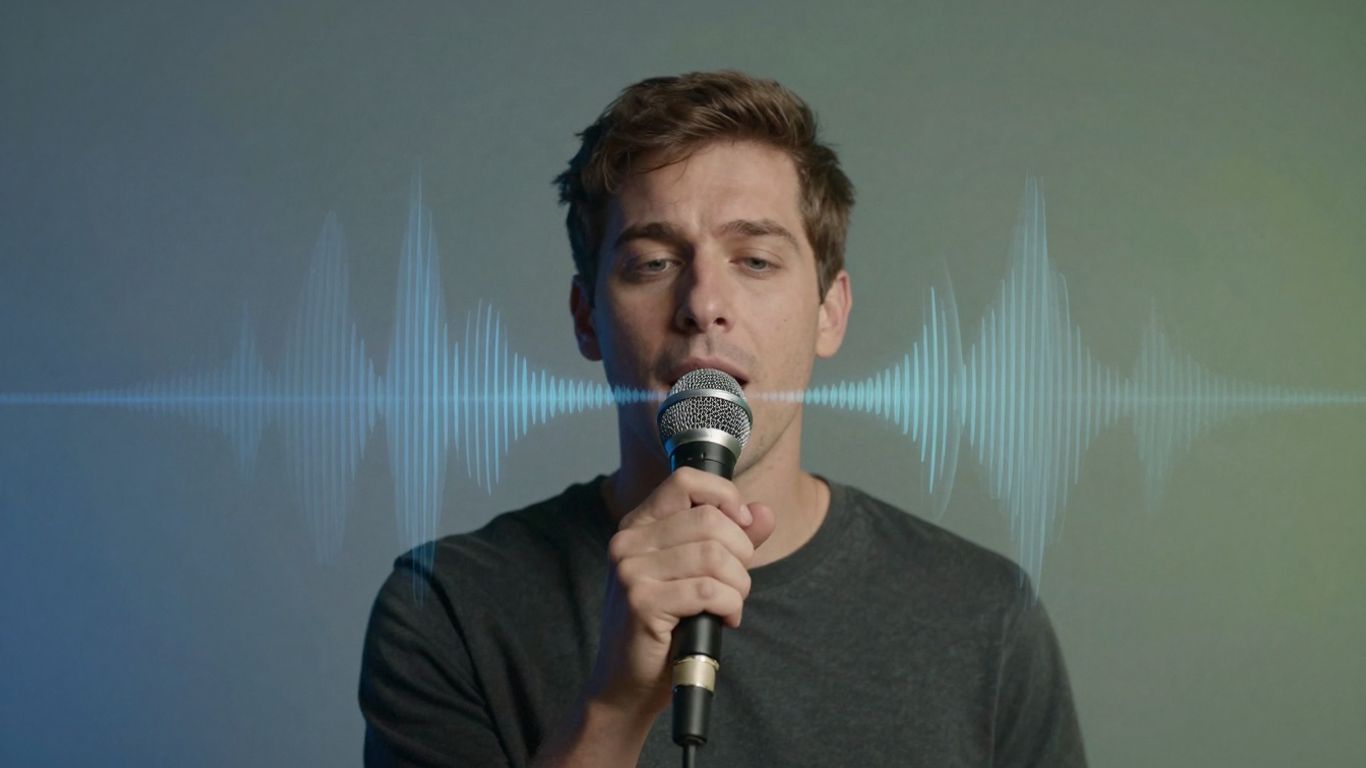 Personne parlant dans un microphone avec des ondes sonores.