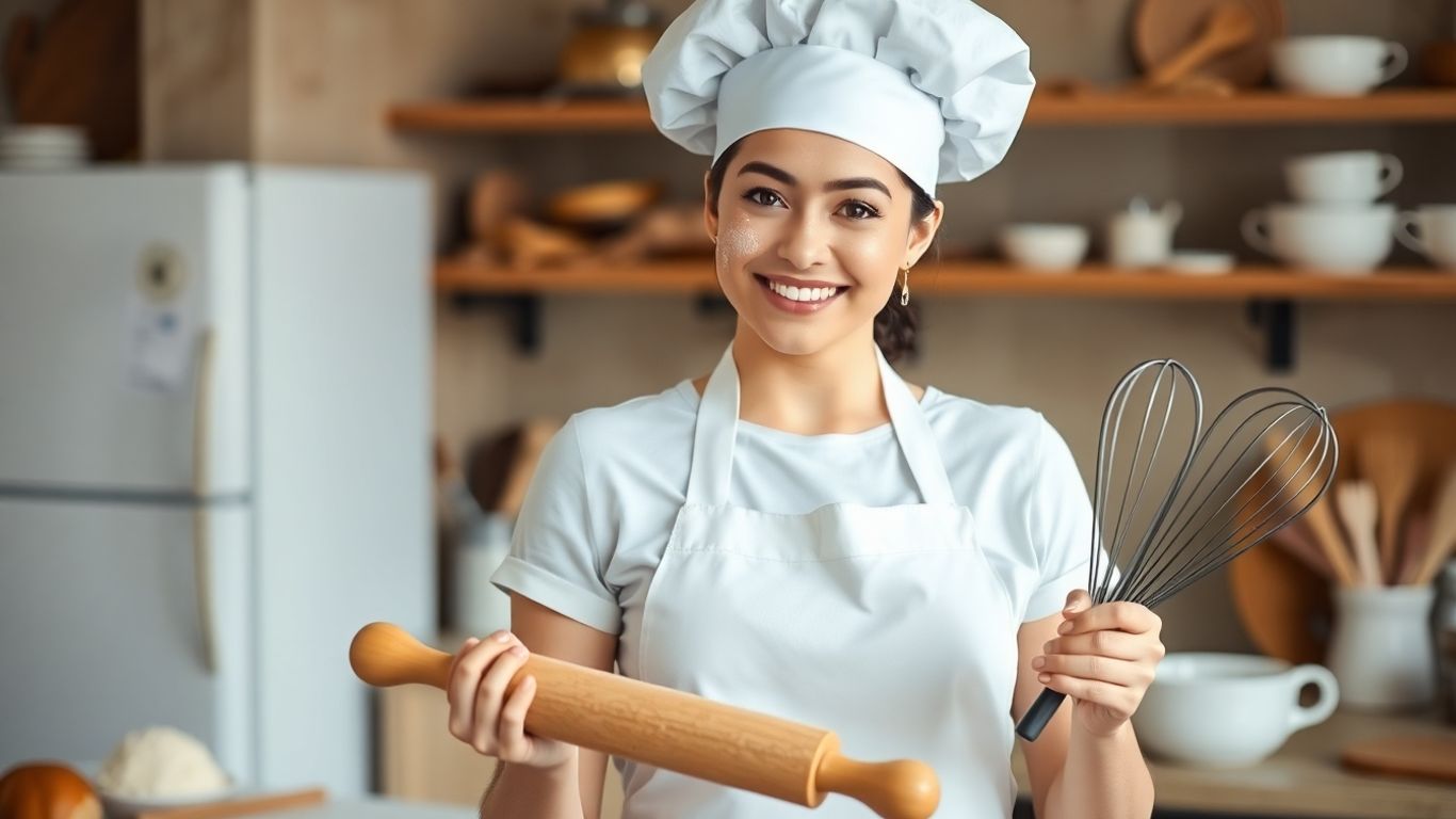 Woman dressed as a baker with rolling pin and whisk.