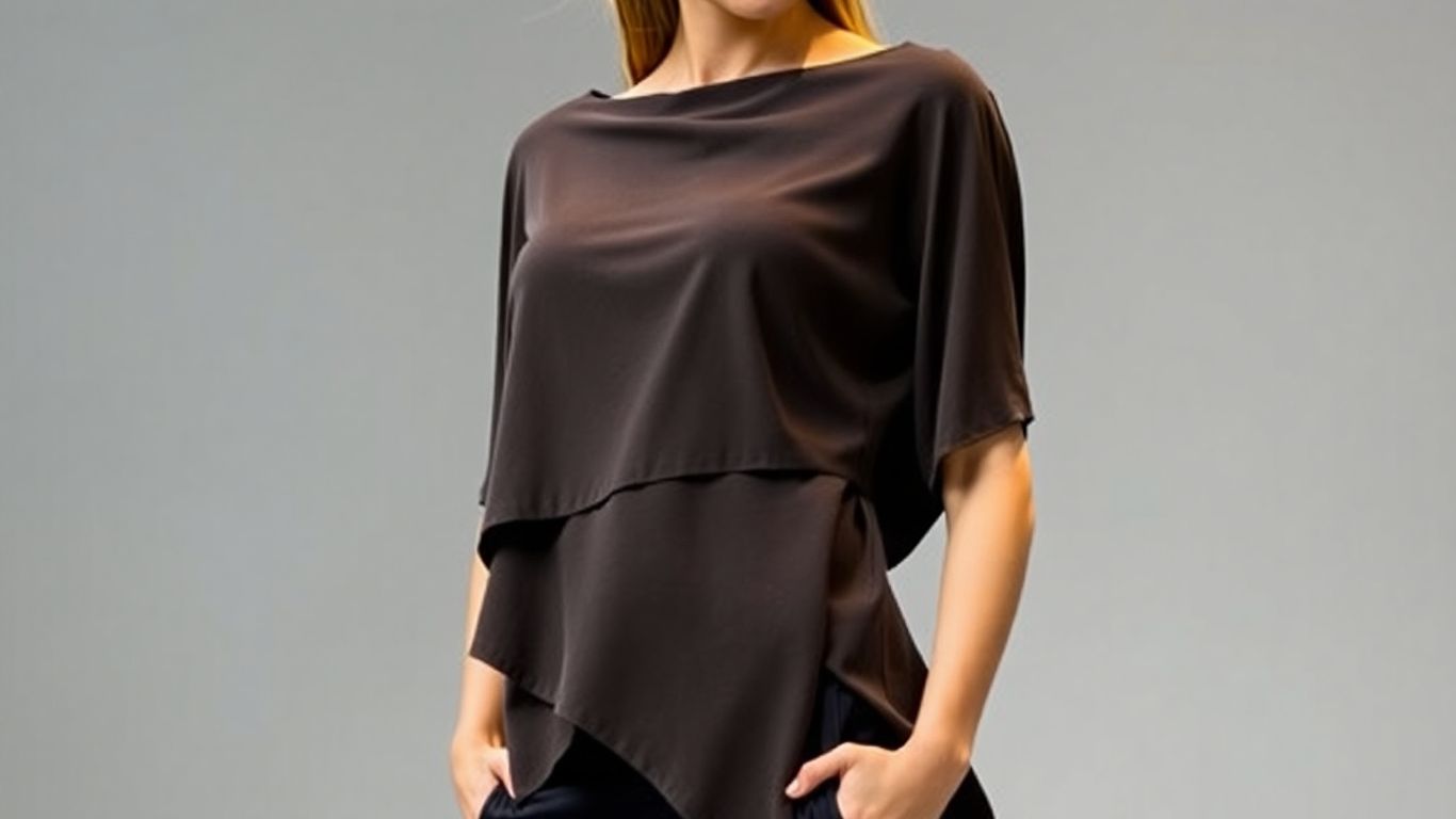 Model wearing a stylish asymmetrical top with a flowing hem.