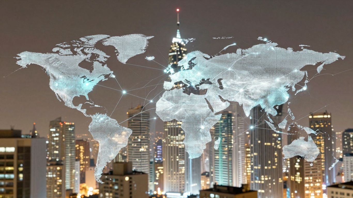 Futuristic cityscape with blockchain network connections.