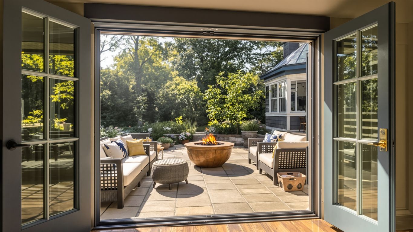 Cozy patio with seating, plants, and fire pit.