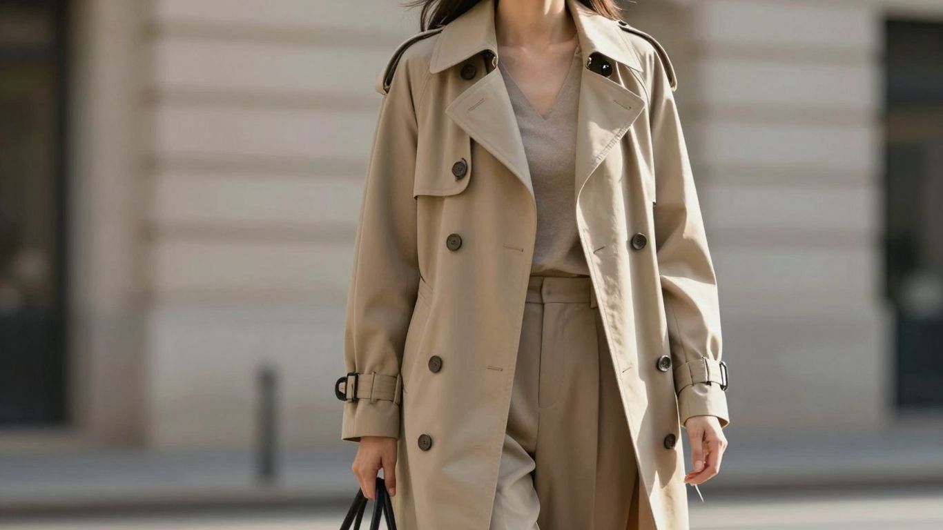 Femme portant un trench et un pantalon modernes de couleur beige.