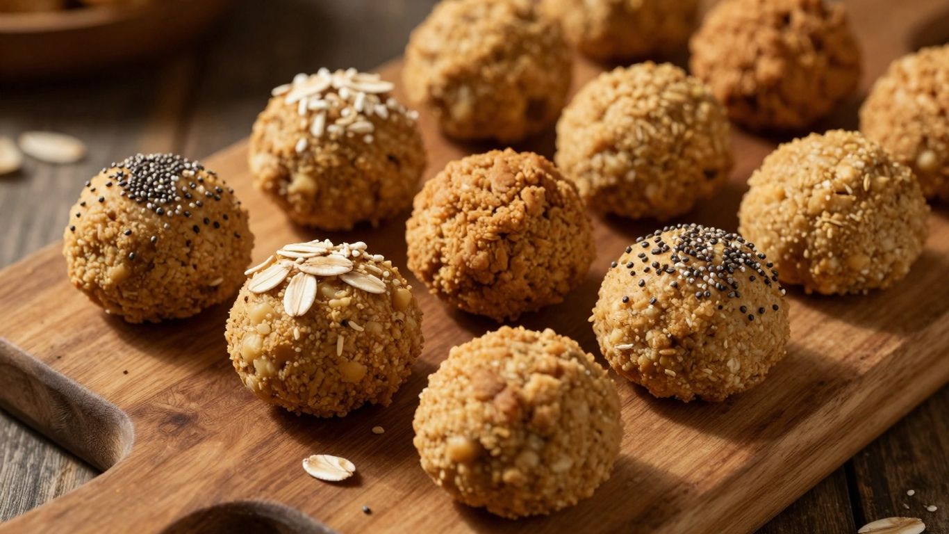 No-bake protein bites on a wooden board