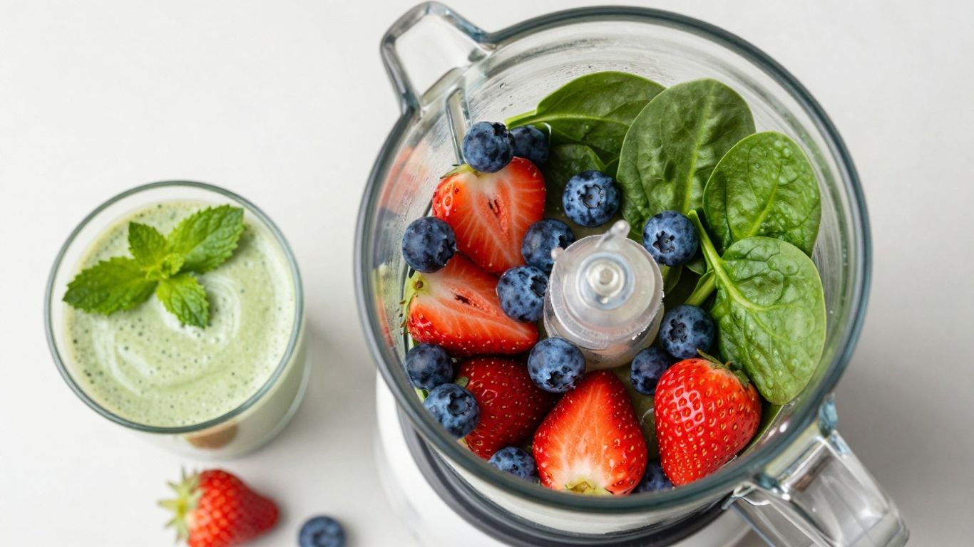 Colorful fruit smoothie in a blender and glass.