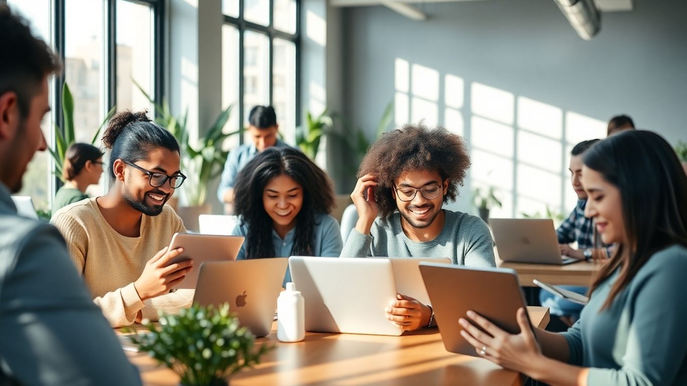Digital entrepreneurs working in a bright, modern co-working space.