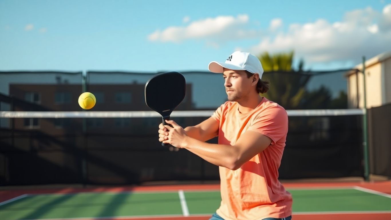 Pickleball player in action on court.