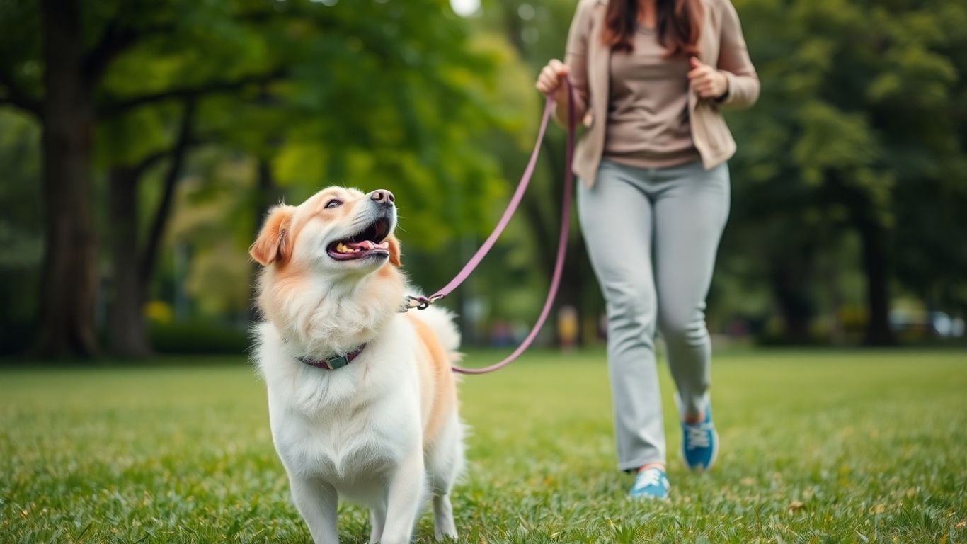 Dog and owner walking happily on a loose leash.