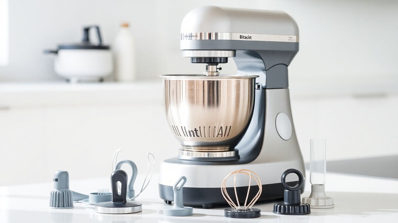 Küchenmaschine mit Edelstahl-Schüssel und Zubehör auf Arbeitsplatte.