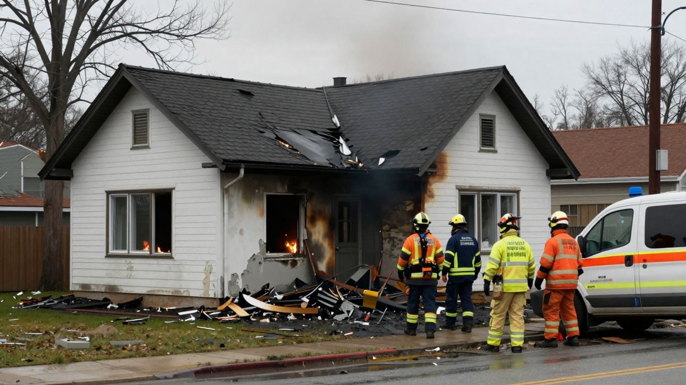 Casa dañada por un siniestro, con personal de emergencia.