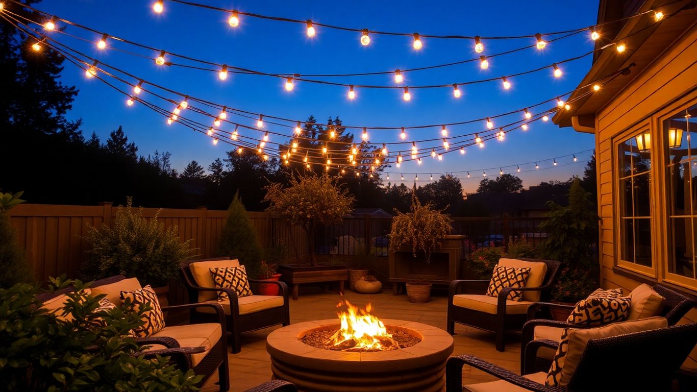 Warmly lit patio with string lights and fire pit.