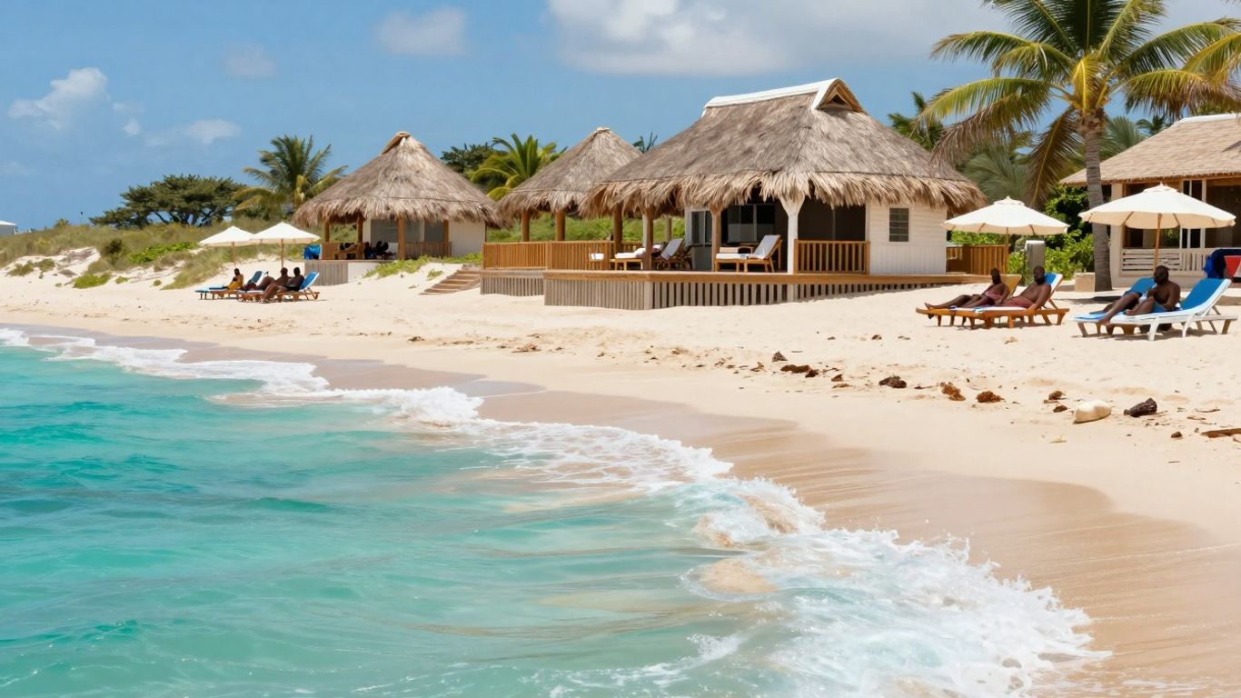 Strandpaviljoen met uitzicht op zee en zandstrand.