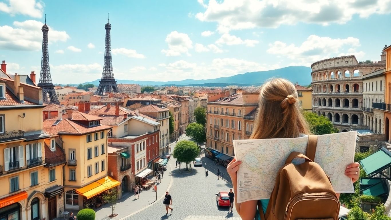 European cityscape with landmarks and a backpacker.