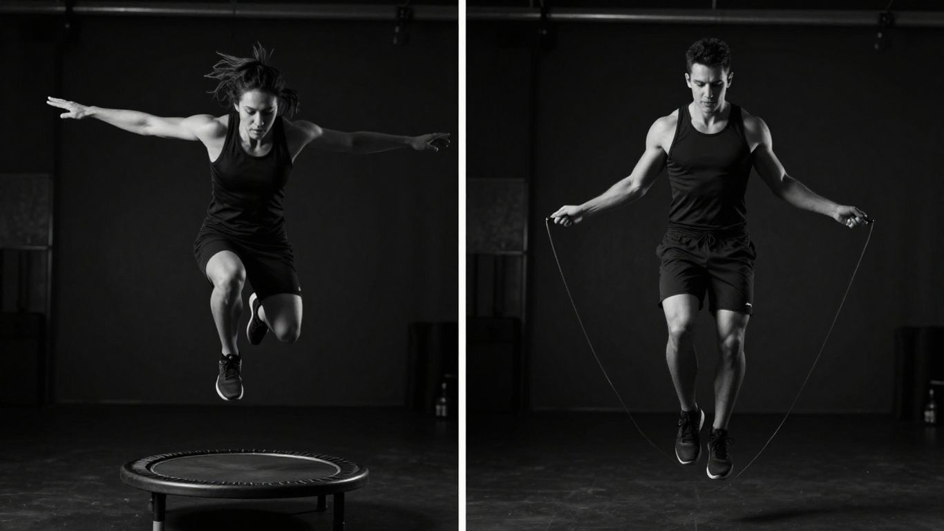 Person on rebounder vs person jumping rope.
