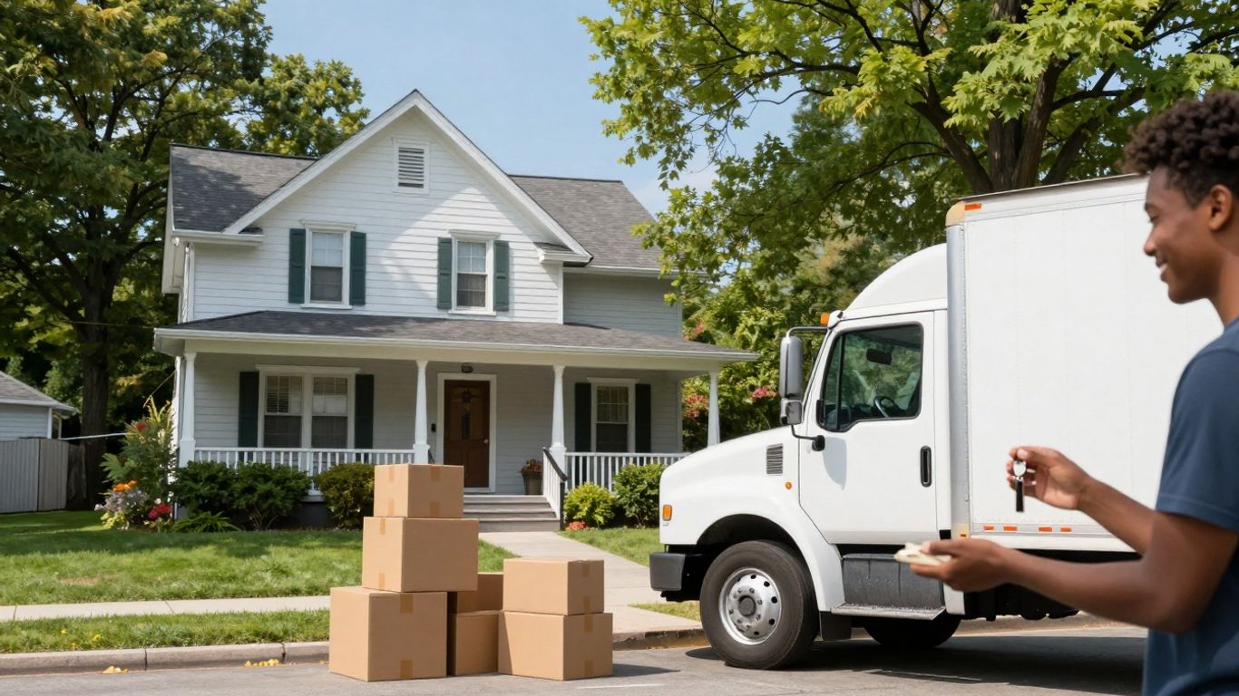 Williamsville NY house move with moving truck and happy homeowner.