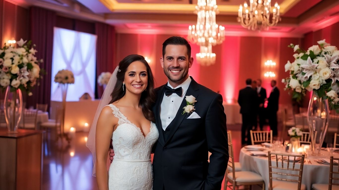 Dallas wedding couple in elegant attire at venue.
