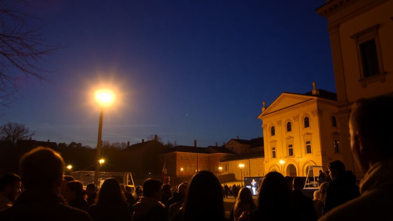 Cetate medievală Brașov cu oameni la un eveniment de poezie.