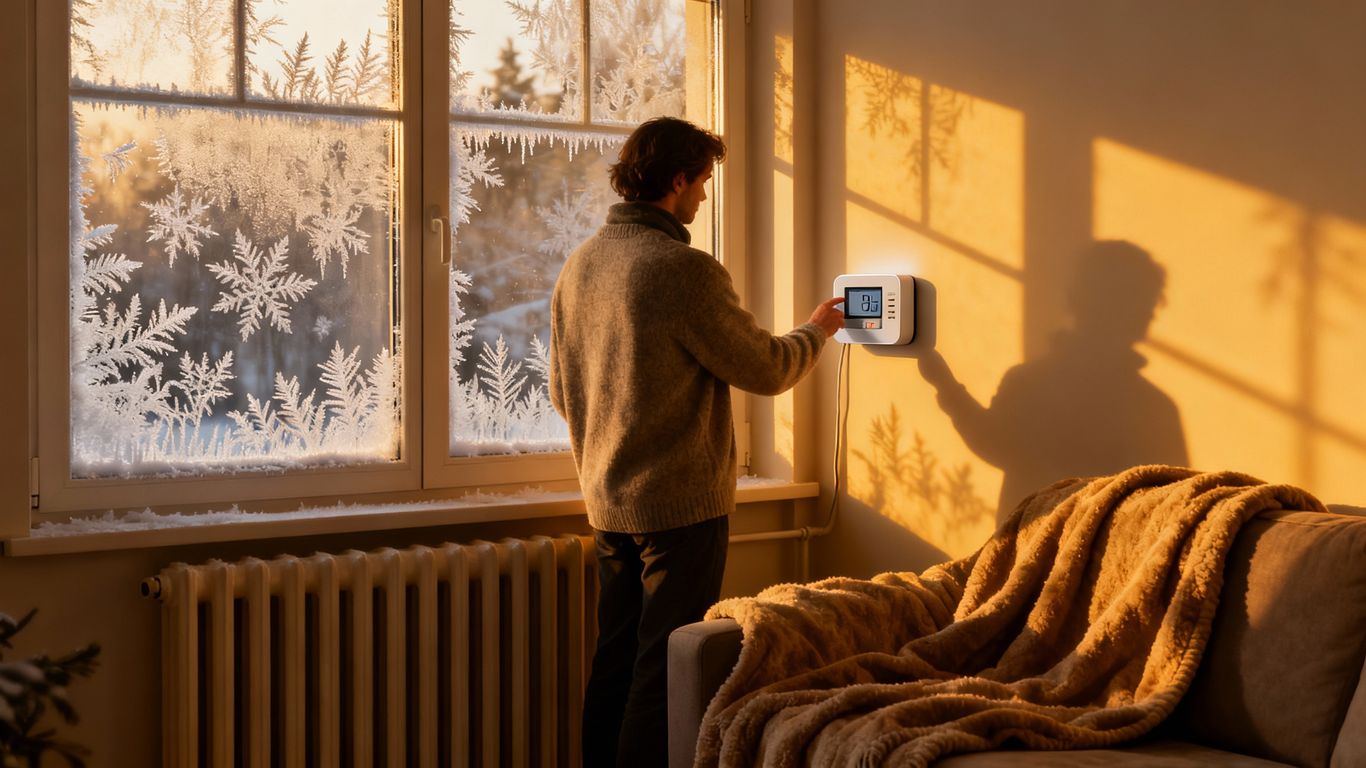 Person checking thermostat near radiator in wintery home