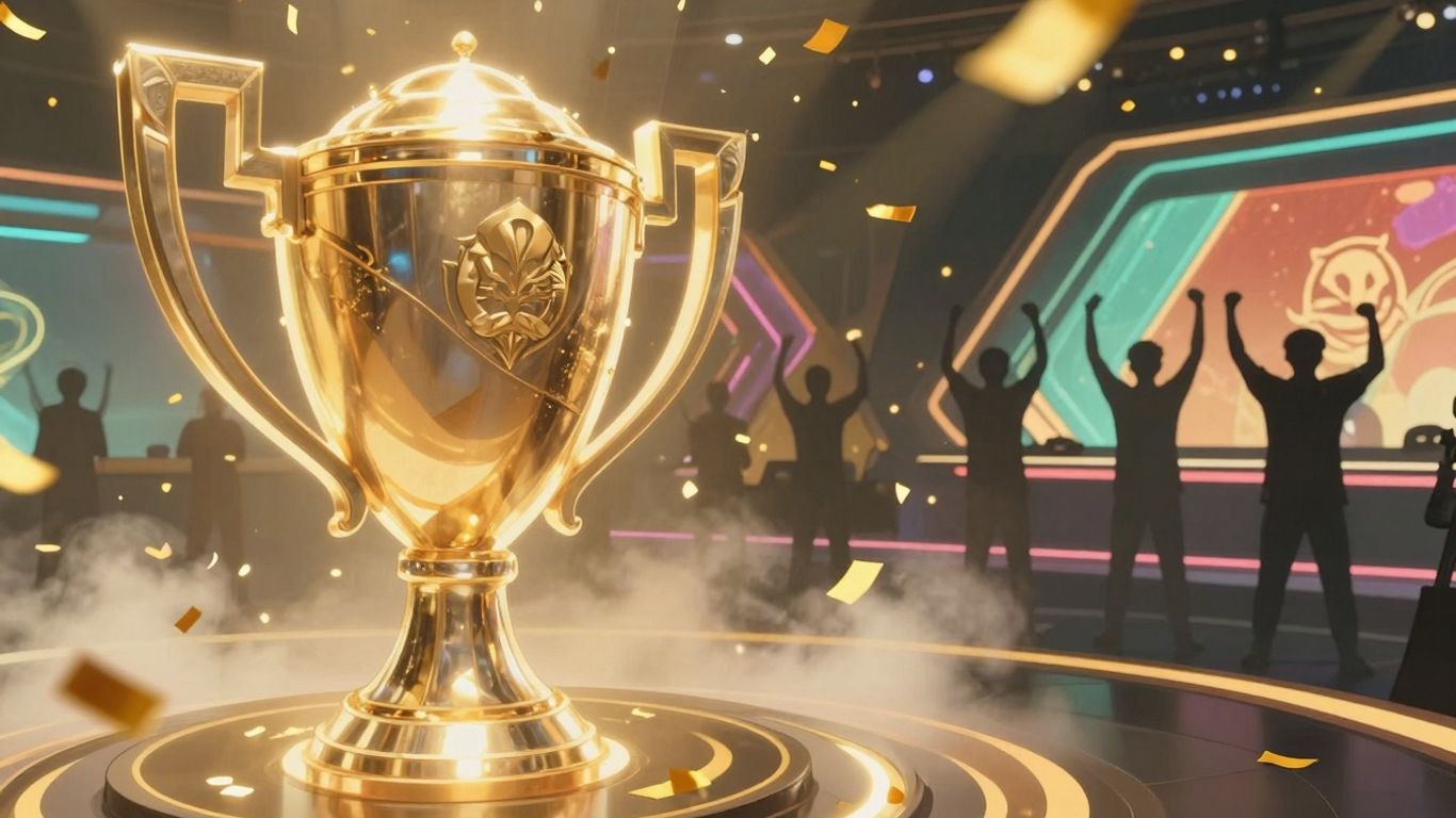 League of Legends Worlds trophy with confetti and players.